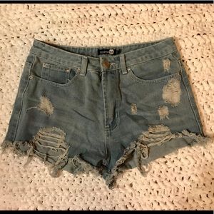Boohoo Blue high waisted distressed denim shorts